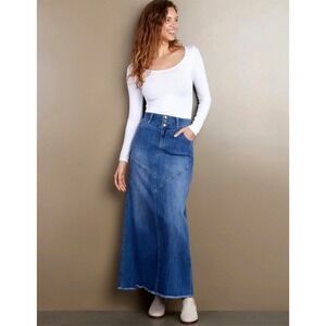 WASH‎ LAB Denim Maxi Skirt Asymmetric Pieced Stretchy Raw Edge Hem Womens 32 EUC